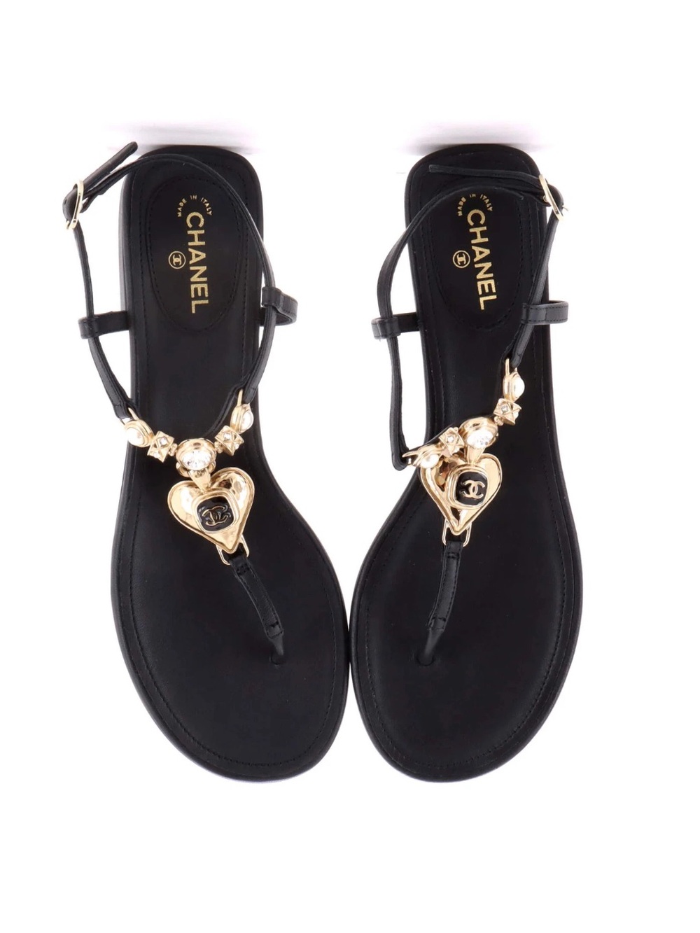 Chanel CC Heart Thong T-Strap Sandals Black Leather 37.5